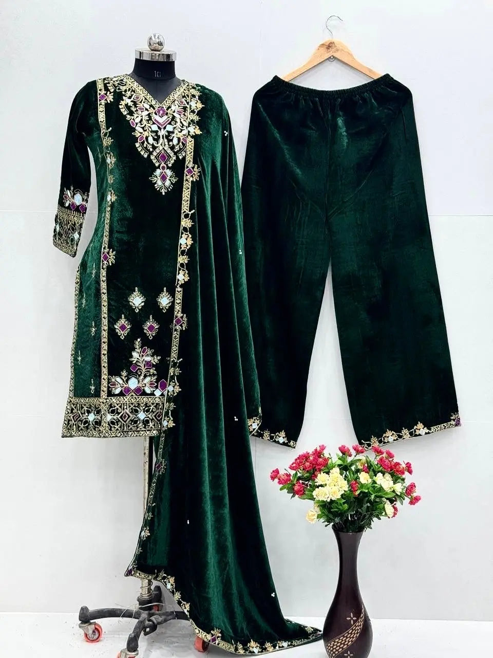 Viscose Velvet Sequence Embroidery Work Designer Party Wear Velvet Kurti Palazzo Dupatta Set (Ready to Wear) Ethenika.com