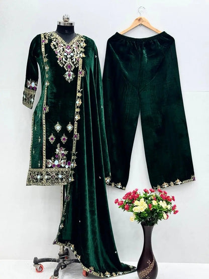 Viscose Velvet Sequence Embroidery Work Designer Party Wear Velvet Kurti Palazzo Dupatta Set (Ready to Wear) Ethenika.com