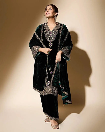 Viscose Velvet Sequence Embroidery Work Designer Party Wear Velvet Kurti Palazzo Dupatta Set (Ready to Wear) Ethenika.com