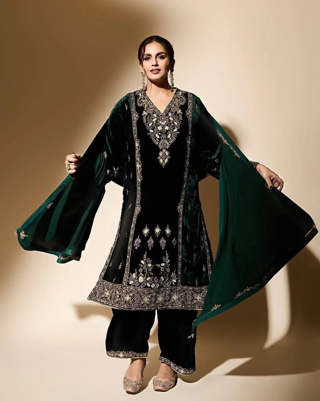 Viscose Velvet Sequence Embroidery Work Designer Party Wear Velvet Kurti Palazzo Dupatta Set (Ready to Wear) Ethenika.com