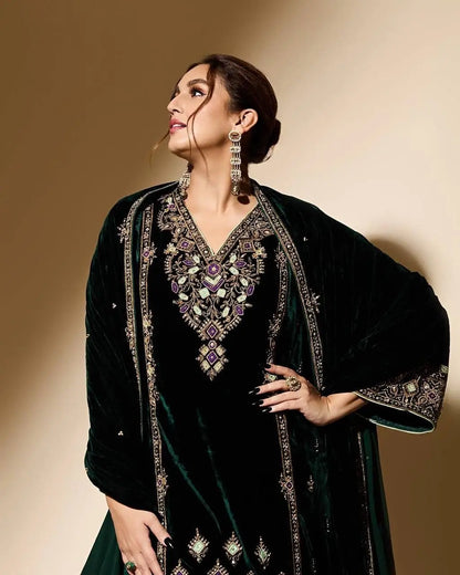 Viscose Velvet Sequence Embroidery Work Designer Party Wear Velvet Kurti Palazzo Dupatta Set (Ready to Wear) Ethenika.com