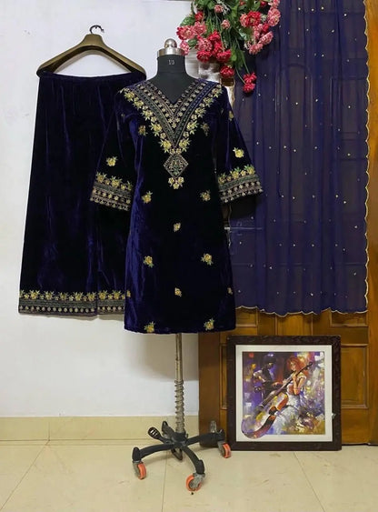 Winter Special Neck Thread Embroidery work Velvet Kurti Pant Set ( Fully Stitched) Ethenika.com