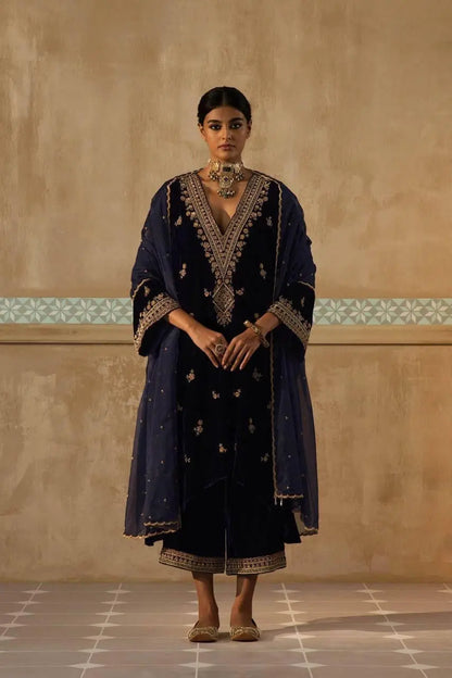 Winter Special Neck Thread Embroidery work Velvet Kurti Pant Set ( Fully Stitched) Ethenika.com