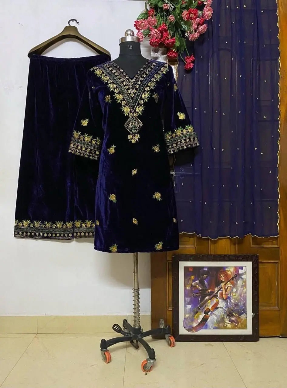 Winter Special Neck Thread Embroidery work Velvet Kurti Pant Set ( Fully Stitched) Ethenika.com