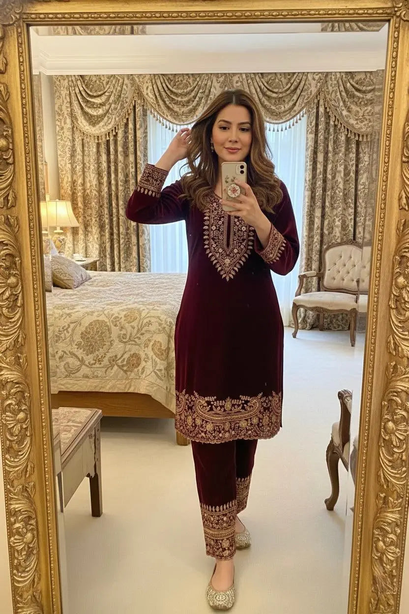 Zari Embroidery Work Ready to Wear Velvet Kurti Pant Set Ethenika.com