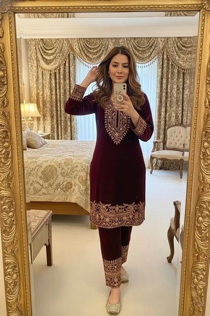 Zari Embroidery Work Ready to Wear Velvet Kurti Pant Set Ethenika.com