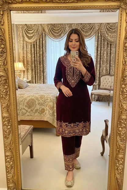 Zari Embroidery Work Ready to Wear Velvet Kurti Pant Set Ethenika.com