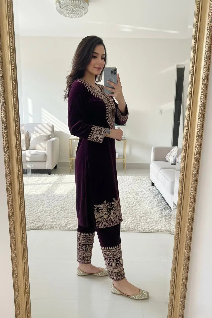 Zari Embroidery Work Ready to Wear Velvet Kurti Pant Set Ethenika.com