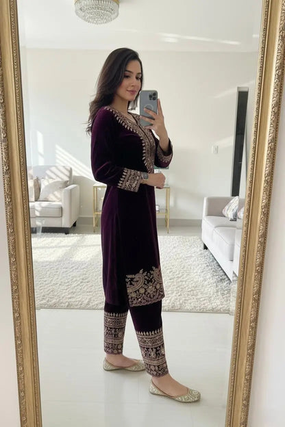 Zari Embroidery Work Ready to Wear Velvet Kurti Pant Set Ethenika.com