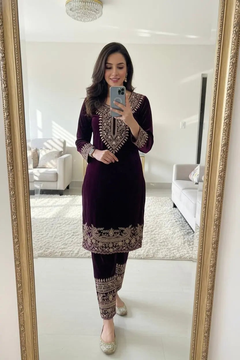 Zari Embroidery Work Ready to Wear Velvet Kurti Pant Set Ethenika.com