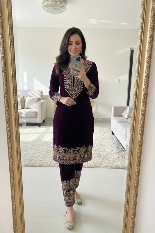 Zari Embroidery Work Ready to Wear Velvet Kurti Pant Set Ethenika.com