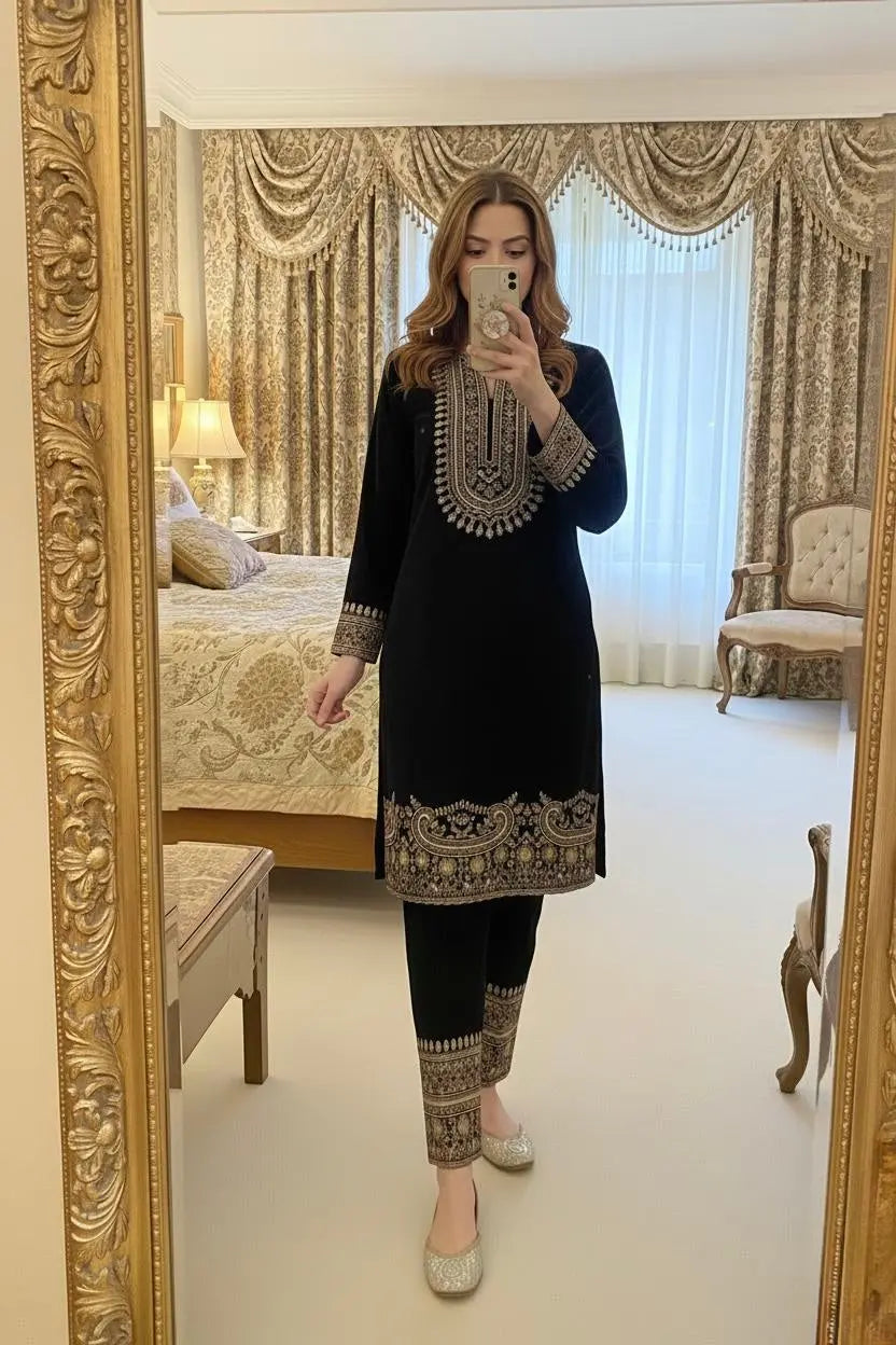 Zari Embroidery Work Ready to Wear Velvet Kurti Pant Set Ethenika.com