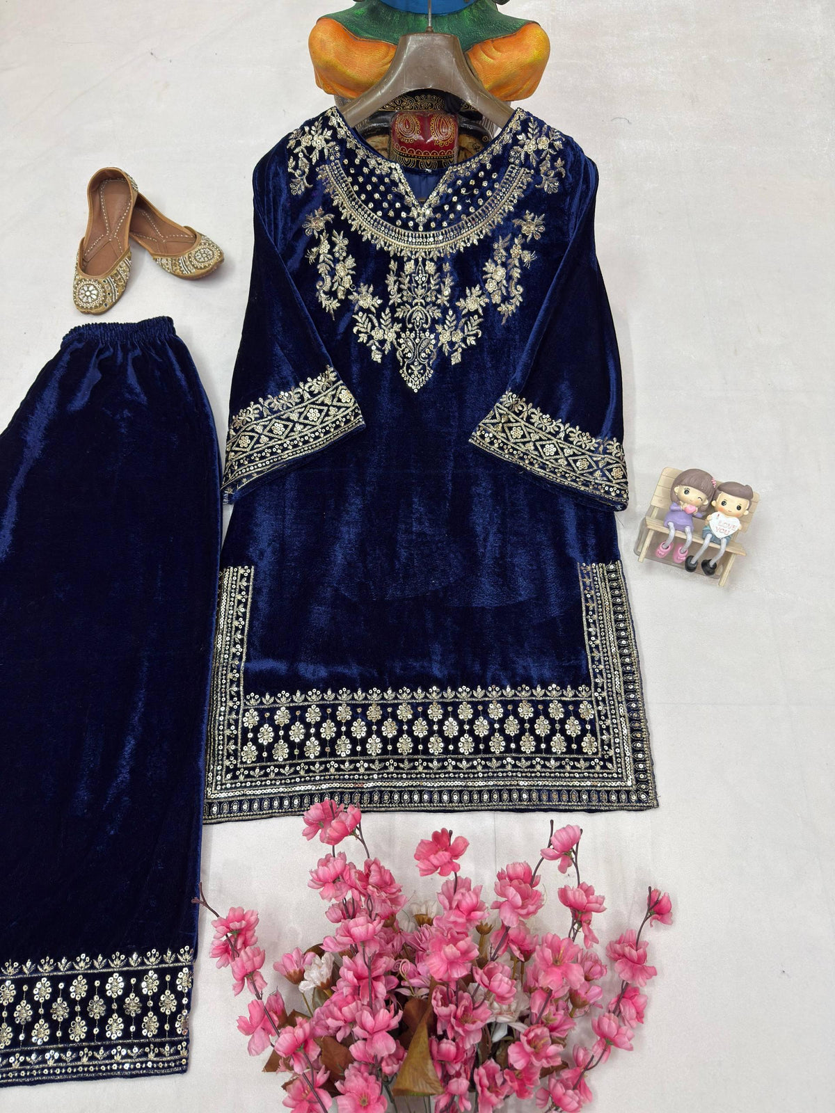 Velvet Sequins Zari Work Kurti Palazzo Set by Ethenika - sequins and zari embroidery detail