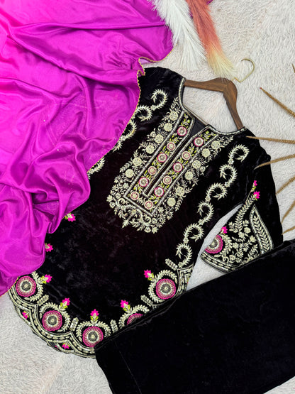 Black Pure Viscose Velvet Kurti Pant Dupatta Set by Ethenika - view 3