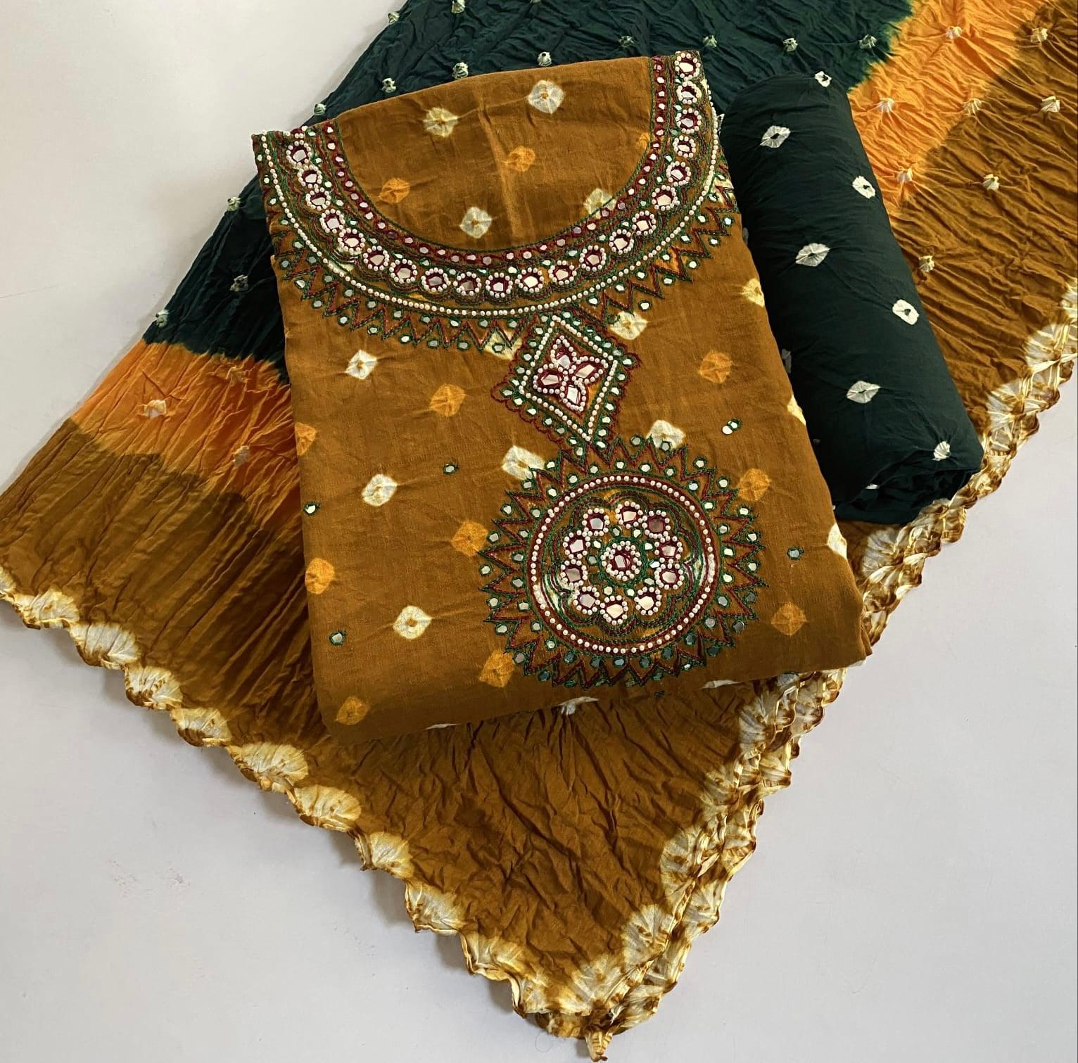 Kutchi Hand Thread with Mirror Work Bandhani Material (Unstitched) Ethenika.com 