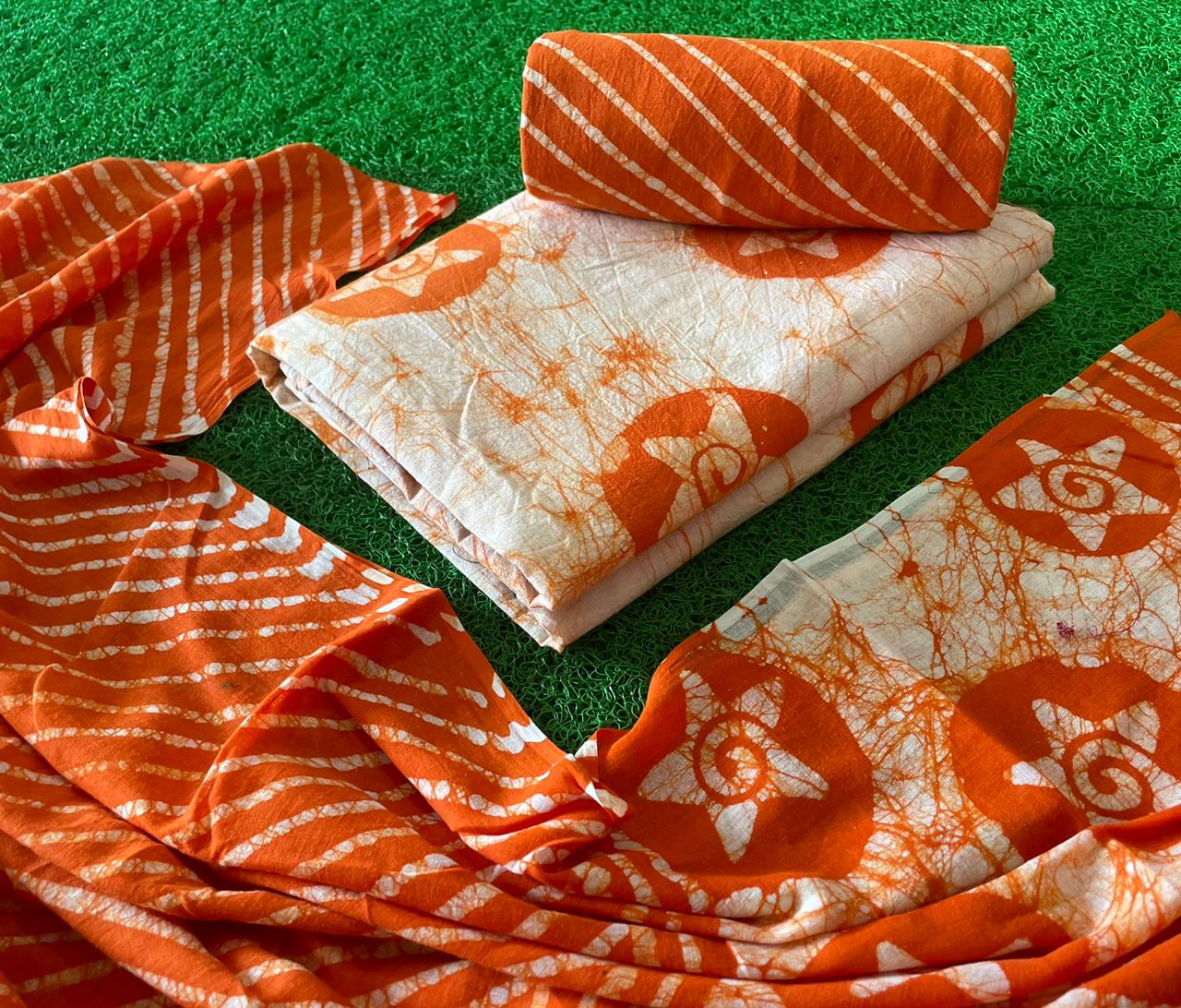 Tvis and Bliss. Orange Handblock Print Batik Cotton Dress Material