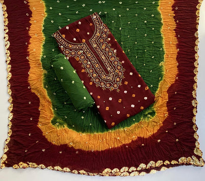 Cotton Satin Neckline Mirror Thread work Bandhani Dress Material (Unstitched) Ethenika.com 