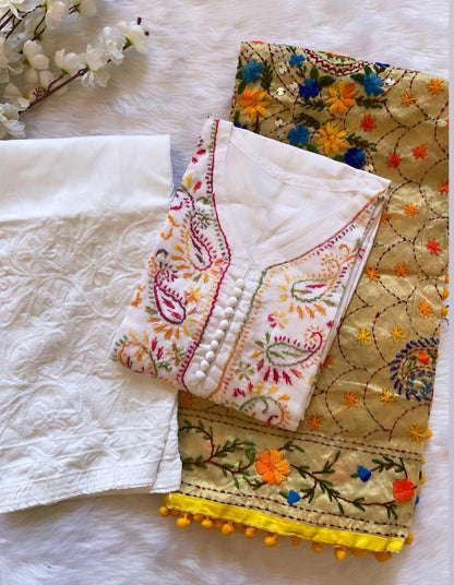 Soft Cotton Kadhai work Kurta with Phulkari Dupatta & Chikankari Palazo Set Ethenika.com 