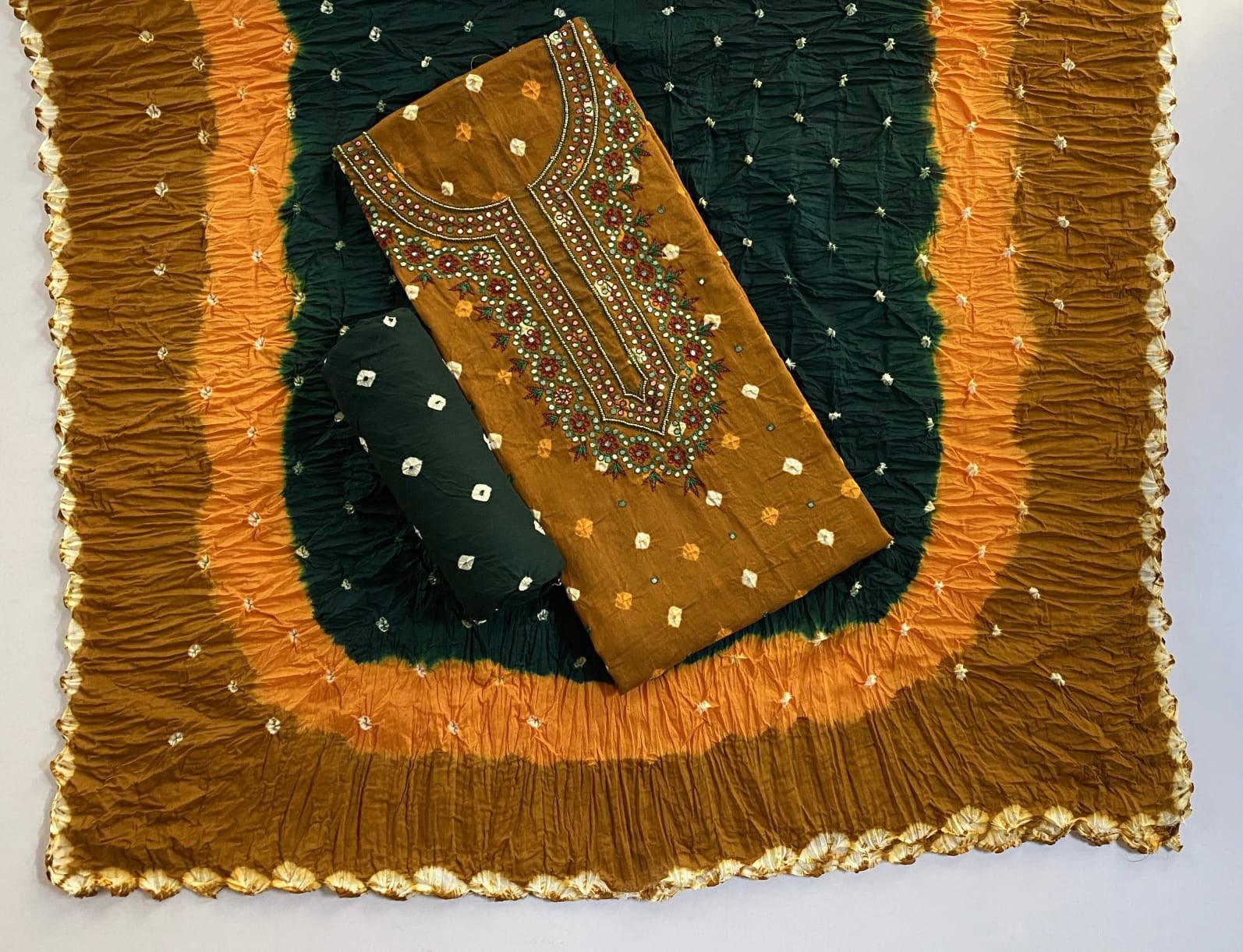 cotton mirror work dress materials Mirror Work Cotton Bandhani Dress Material Embroidered Mirror Work Bandhani Dress Material Cotton/Silk S