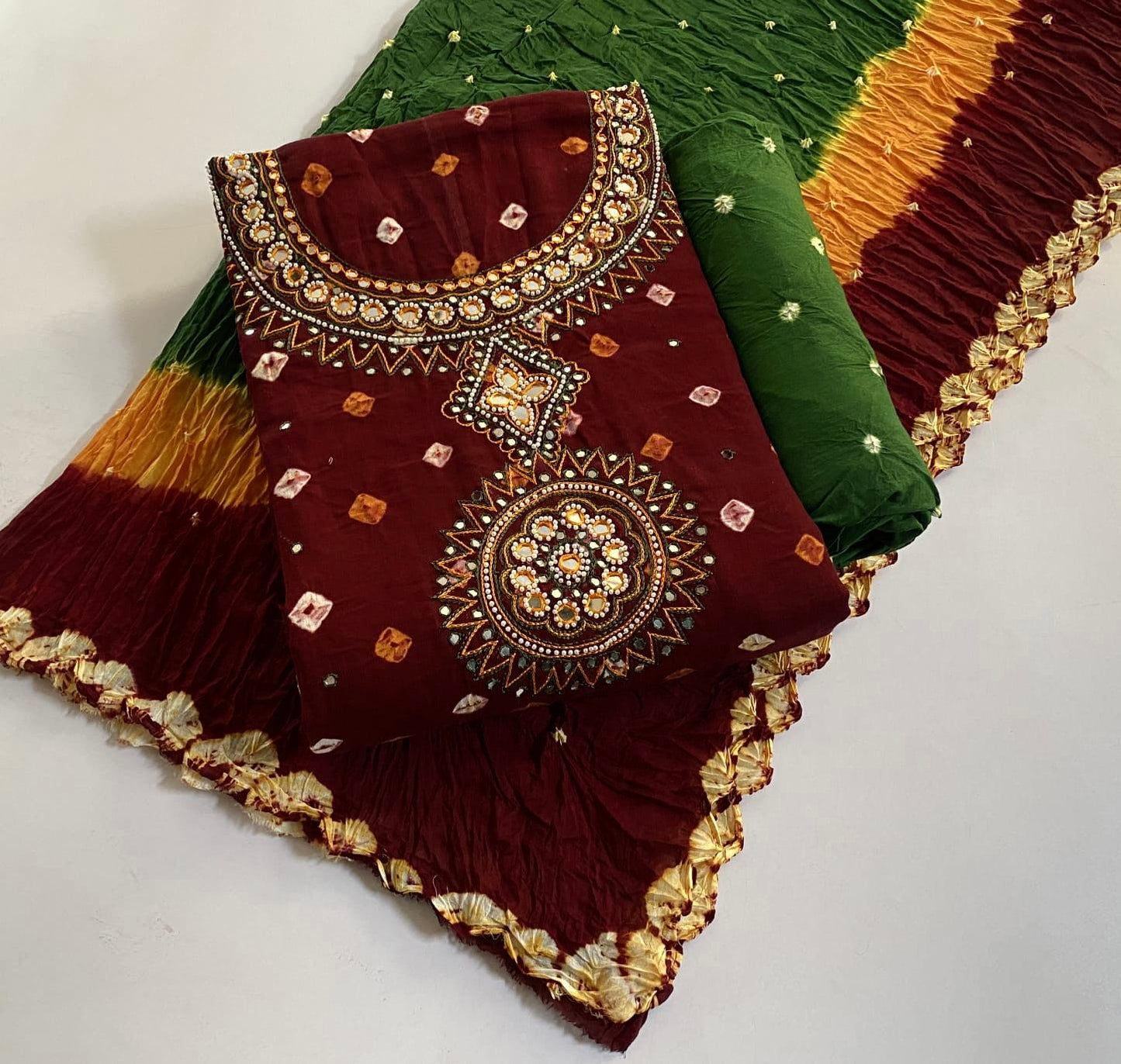 Kutchi Hand Thread with Mirror Work Bandhani Material (Unstitched) - Premium  from Ethenika - Just INR 1890! Shop now at Ethenika.com 