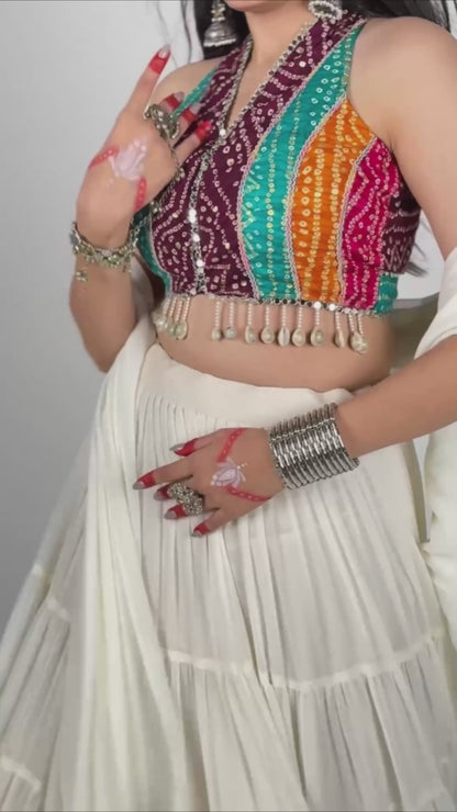 White Bandhani Mirror Work Chaniya Choli | Garba Navratri Wear