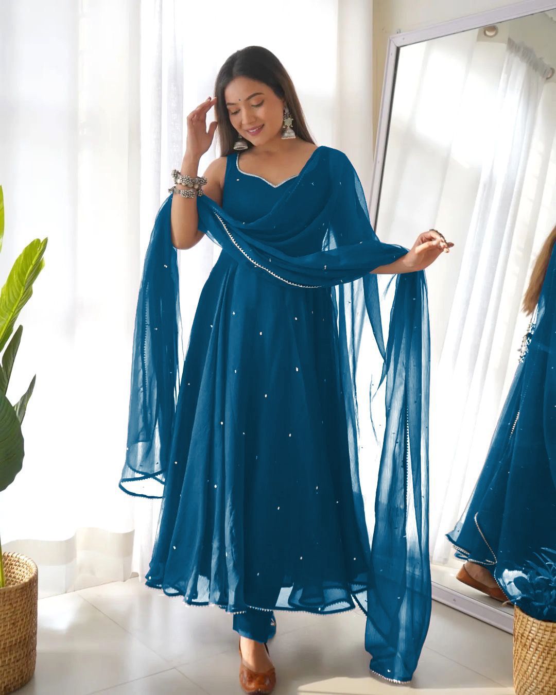 Blue Cotton Printed Maxi Gown With Dupatta Attractive Party Wear Gown