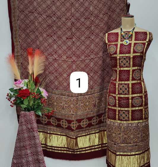 Fine Modal Silk Chex Authentic Hand work Ajrakh Dress Material - Premium  from Ethenika.com  - Just INR 5990! Shop now at Ethenika.com 