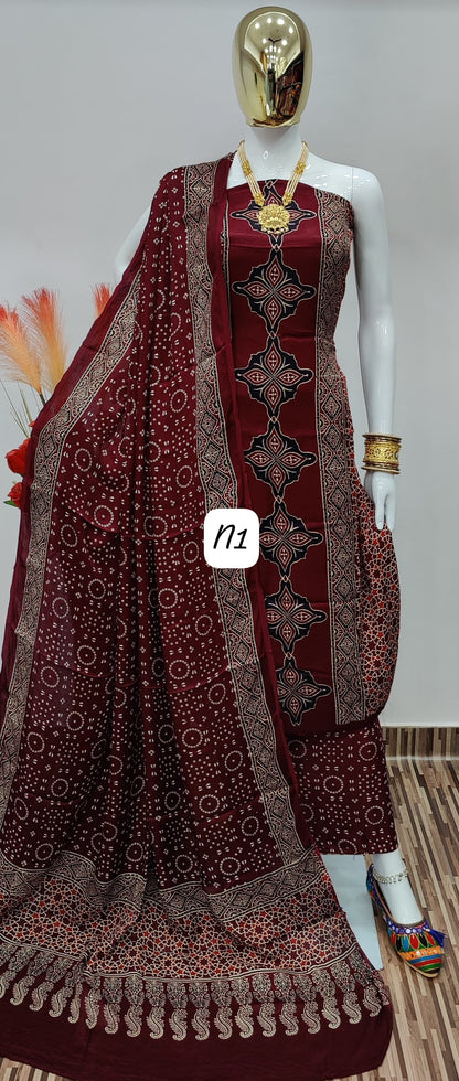 Original silk Hand Crafted Ajrakh Dress Material - Premium  from Ethenika.com  - Just INR 3990! Shop now at Ethenika.com 