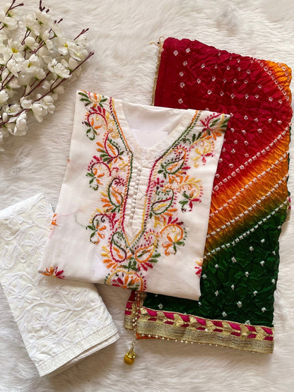 Thread Embroidery work Kurti with Chikankari Pant & Jaipuri moti work bandhani dupatta Set Ethenika.com 